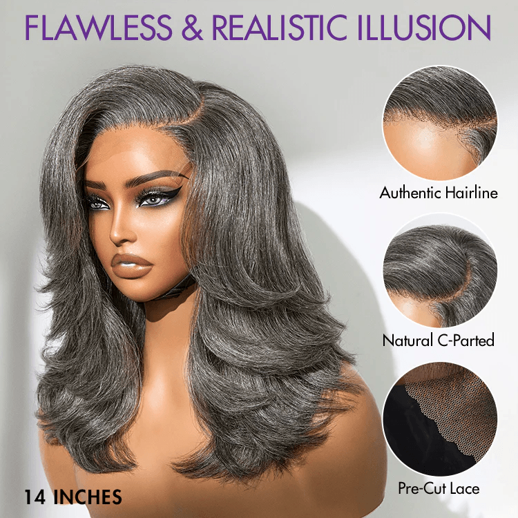 Layered Blowout Salt and Pepper 4x4 Transparent Lace Glueless Grey Wig Shoulder Length Wavy Wig TianaHair