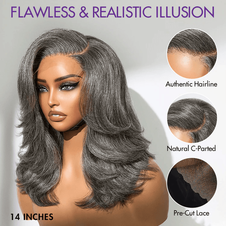 Layered Blowout Salt and Pepper 4x4 Transparent Lace Glueless Grey Wig Shoulder Length Wavy Wig TianaHair
