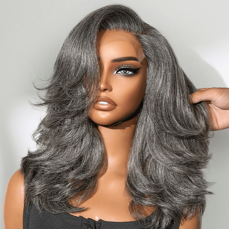 Layered Blowout Salt and Pepper 4x4 Transparent Lace Glueless Grey Wig Shoulder Length Wavy Wig TianaHair