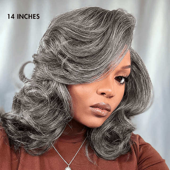 Layered Blowout Salt and Pepper 4x4 Transparent Lace Glueless Grey Wig Shoulder Length Wavy Wig TianaHair