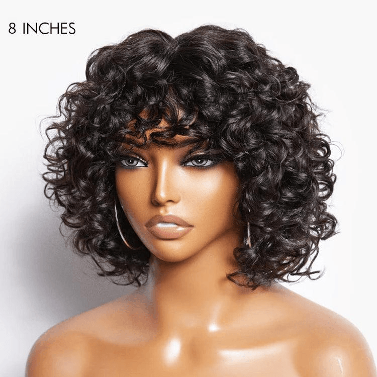 Light Weight Short Cut Water Wave Glueless No Lace Wig with Curly Bangs TianaHair