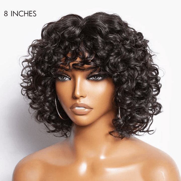Light Weight Short Cut Water Wave Glueless No Lace Wig with Curly Bangs TianaHair