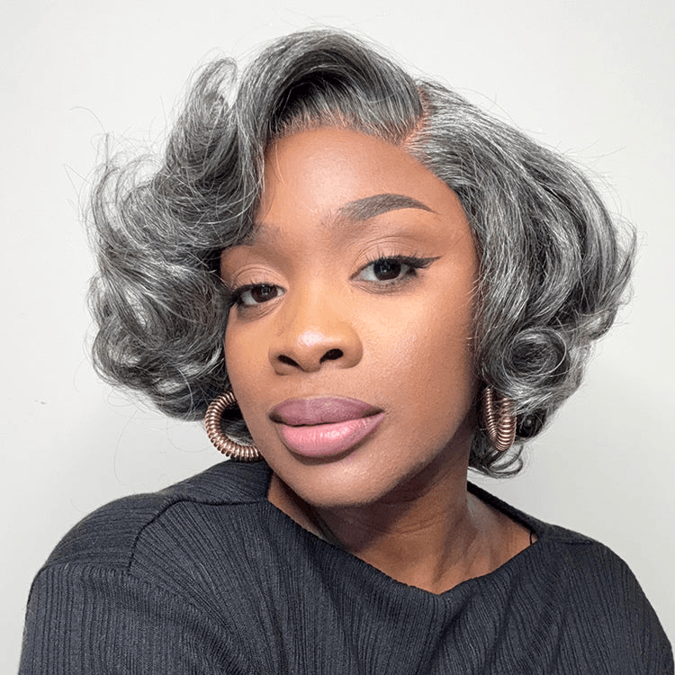 Mature Boss Salt and Pepper Bouncy Egg Curls 4x4 Lace Glueless Transparent Lace Grey Wig TianaHair