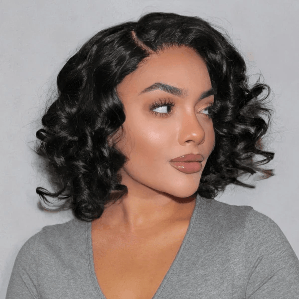 Natural Black Elegant Loose Wave 4x4 Closure Lace Glueless C Part Short Wig 100% Human Hair TianaHair