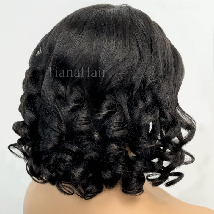 Natural Black Elegant Loose Wave 4x4 Closure Lace Glueless C Part Short Wig 100% Human Hair TianaHair
