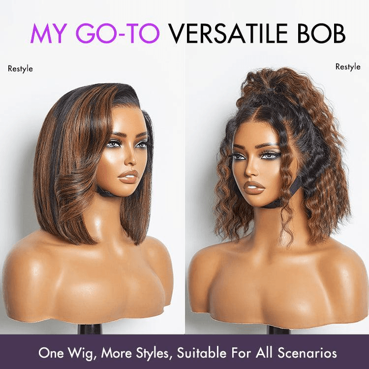 Natural Looking Brown Highlight Silky Blunt Cut Bob Glueless 6x4 Lace Wig TianaHair