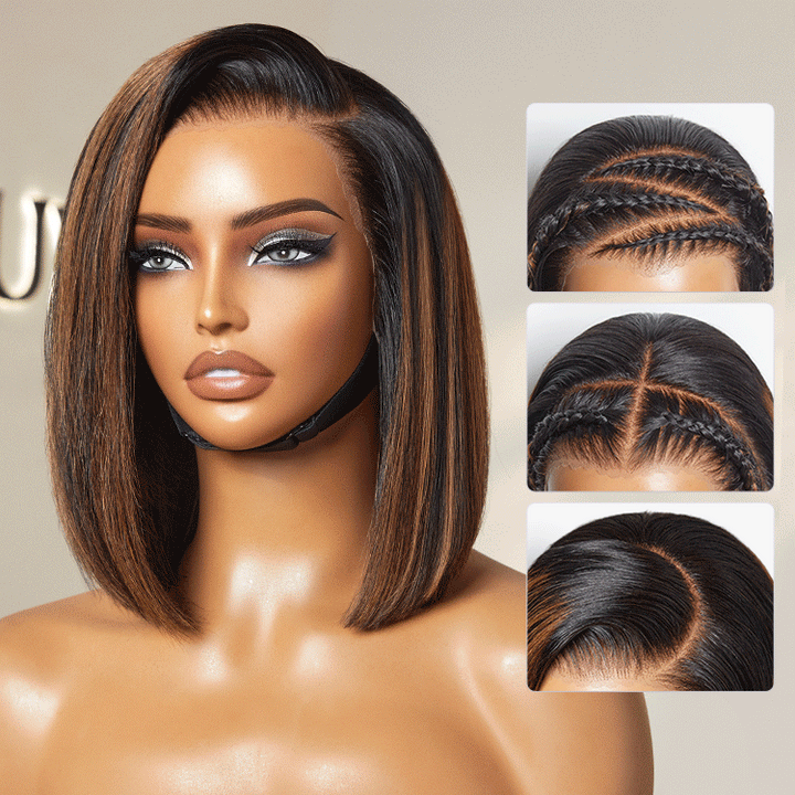 Natural Looking Brown Highlight Silky Blunt Cut Bob Glueless 6x4 Lace Wig TianaHair