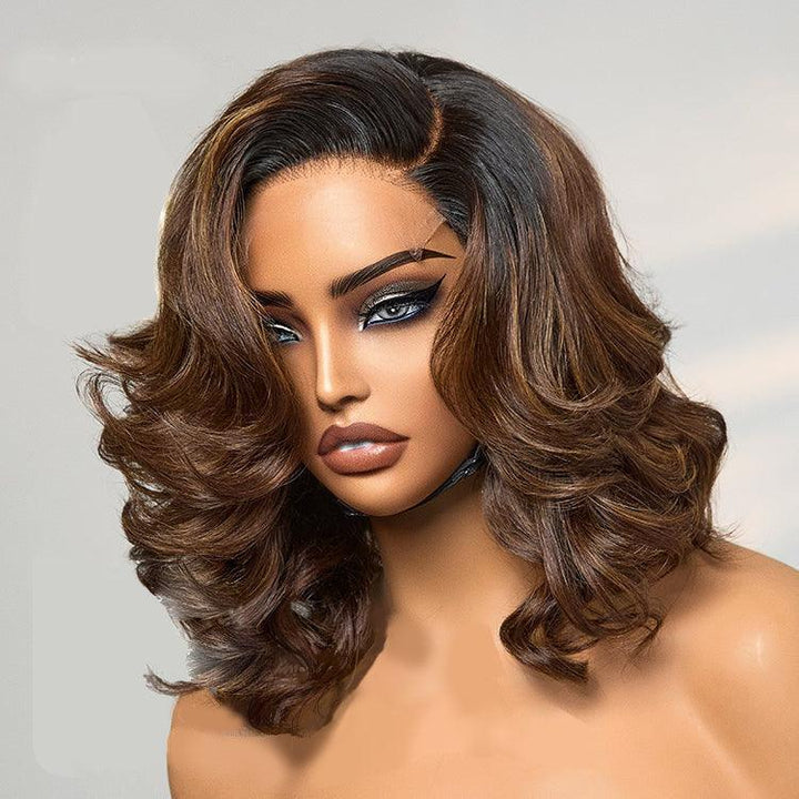 Ombre Brown Butterfly Layers Loose Wave Glueless 6x4 Lace Short Wig TianaHair