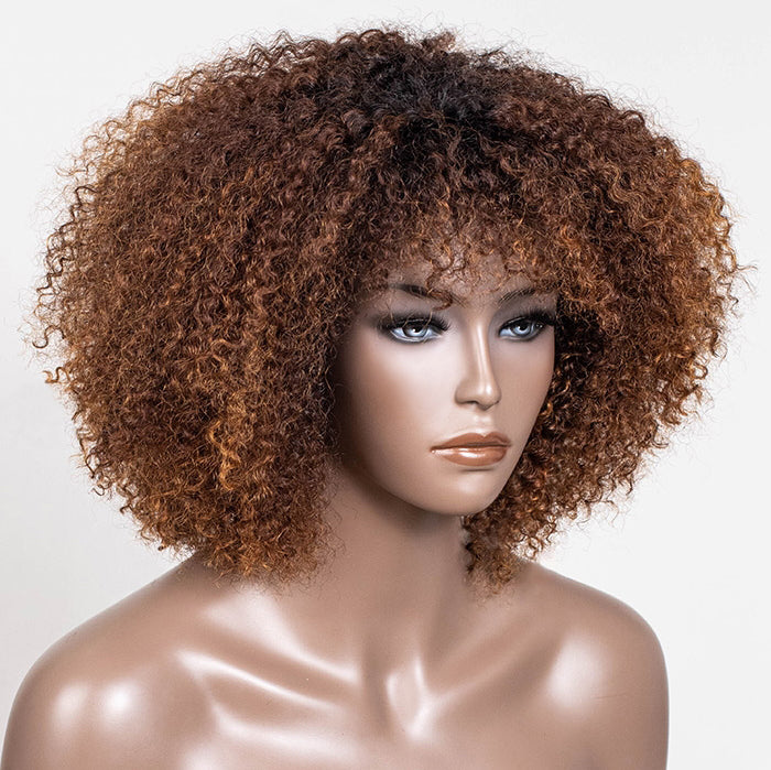 Ombre Honey Glow Afro Curly Glueless Short Curly Wig with Bangs TianaHair