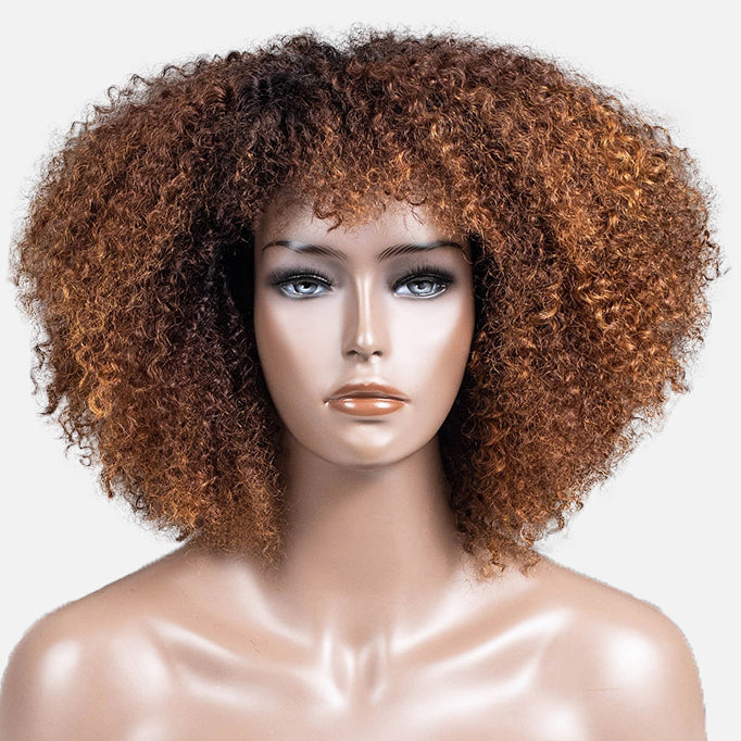 Ombre Honey Glow Afro Curly Glueless Short Curly Wig with Bangs TianaHair