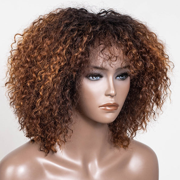 Ombre Honey Glow Burmese Curly Glueless Short Curly Wig with Bangs TianaHair
