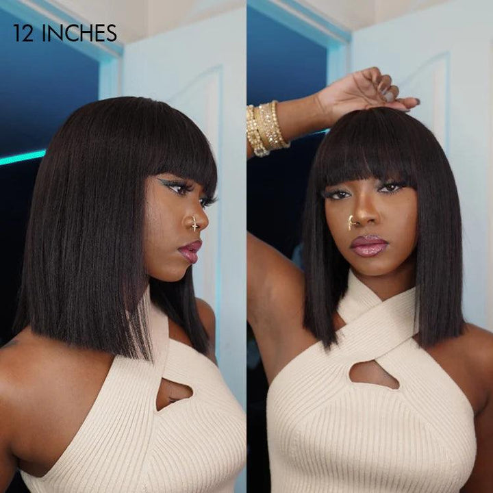 Realistic Glueless Silky Straight Bob with Bangs No Lace Wig 150% Density 100% Human Hair TianaHair