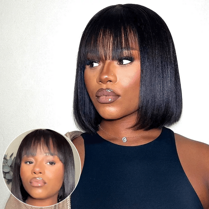 Realistic Glueless Silky Straight Bob with Bangs No Lace Wig 150% Density 100% Human Hair TianaHair