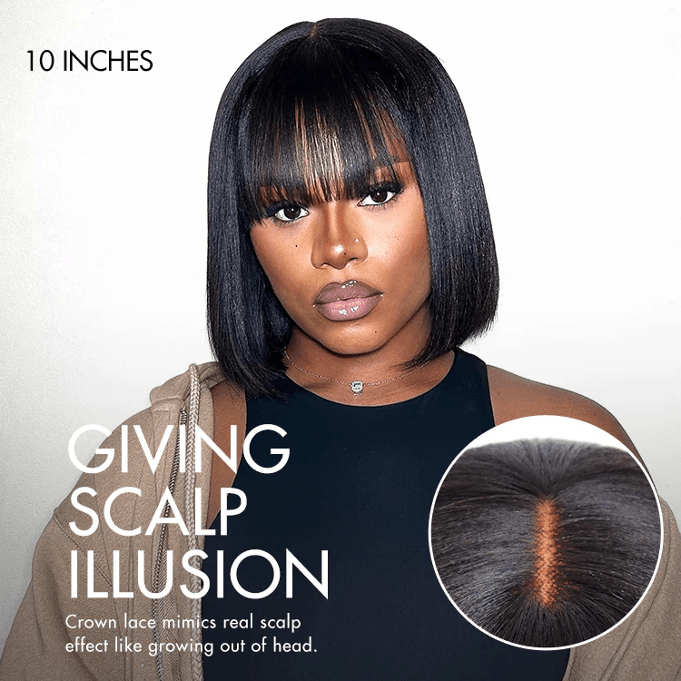 Realistic Glueless Silky Straight Bob with Bangs No Lace Wig 150% Density 100% Human Hair TianaHair