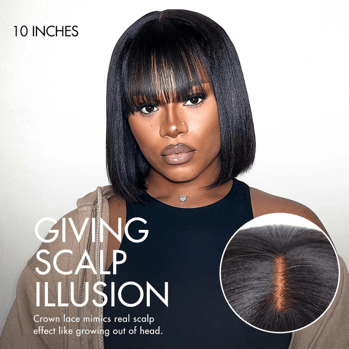 Realistic Glueless Silky Straight Bob with Bangs No Lace Wig 150% Density 100% Human Hair TianaHair