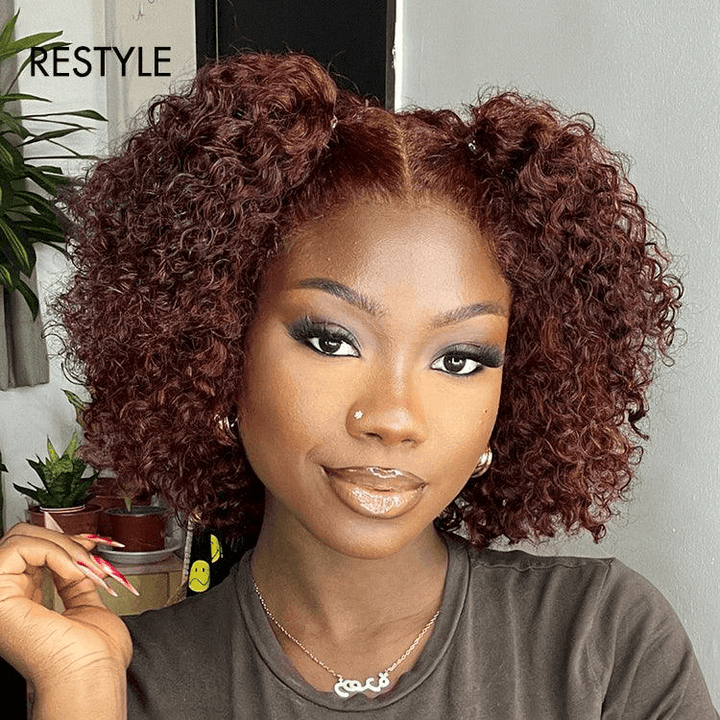 Reddish Brown Kinky Curly 4x4 Lace Wear And Go Glueless Short Curly Wig TianaHair