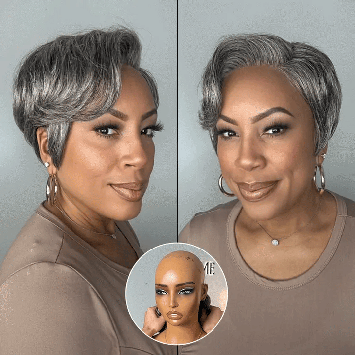 Salt and Pepper Short Pixie Cut Wig Glueless 4X4 Transparent Lace Grey Wig TianaHair