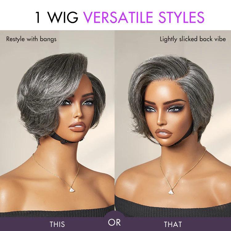 Salt and Pepper Short Pixie Cut Wig Glueless 4X4 Transparent Lace Grey Wig TianaHair