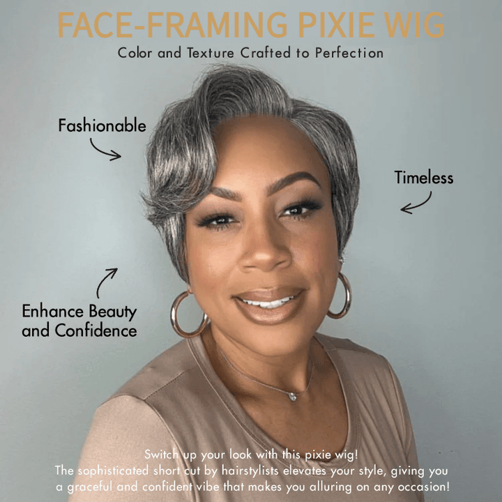 Salt and Pepper Short Pixie Cut Wig Glueless 4X4 Transparent Lace Grey Wig TianaHair