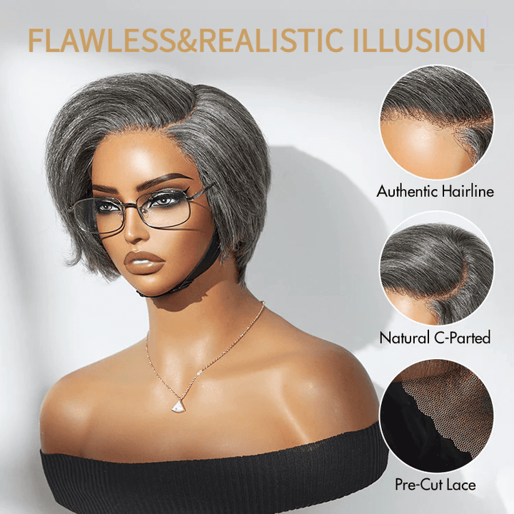 Salt and Pepper Short Pixie Cut Wig Glueless 4X4 Transparent Lace Grey Wig TianaHair