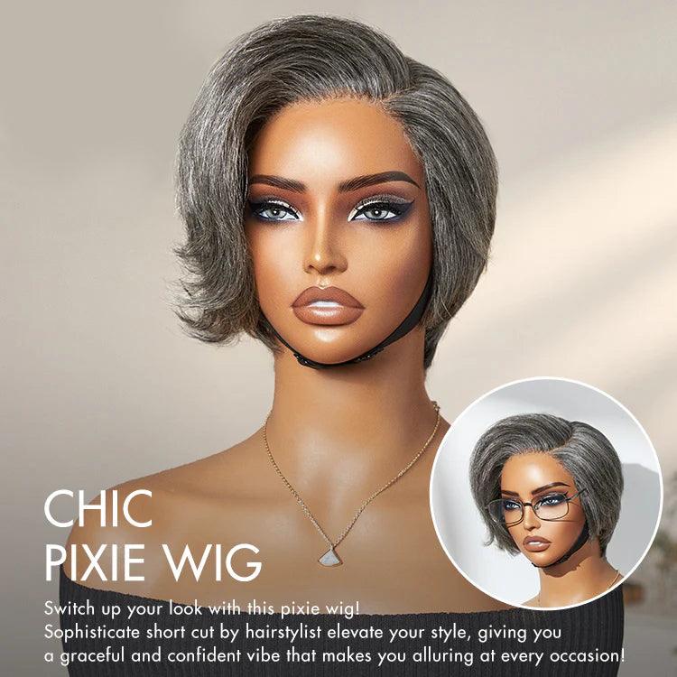 Salt and Pepper Short Pixie Cut Wig Glueless 4X4 Transparent Lace Grey Wig TianaHair