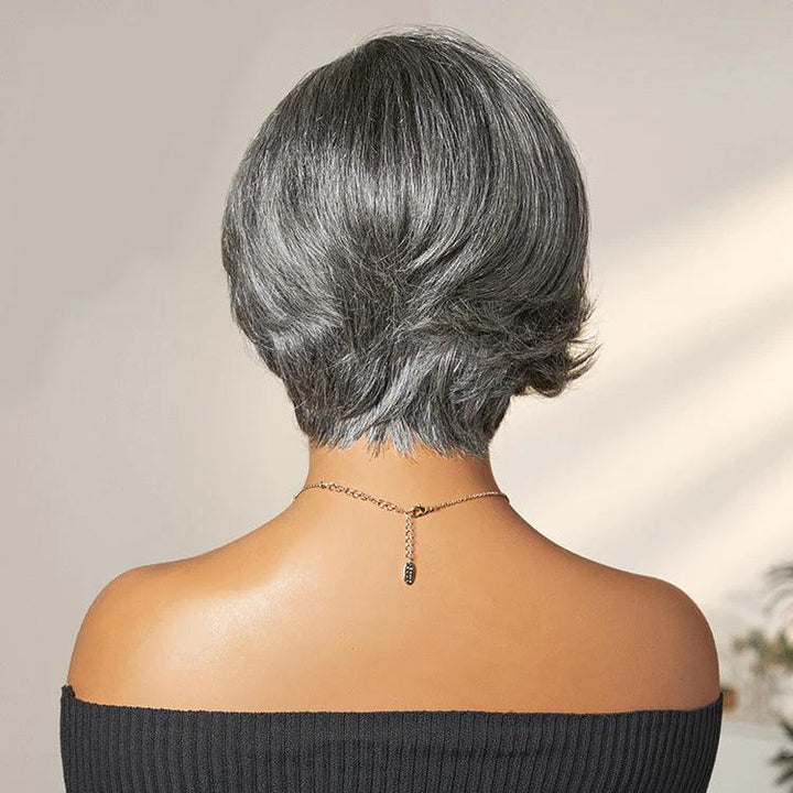 Salt and Pepper Short Pixie Cut Wig Glueless 4X4 Transparent Lace Grey Wig TianaHair