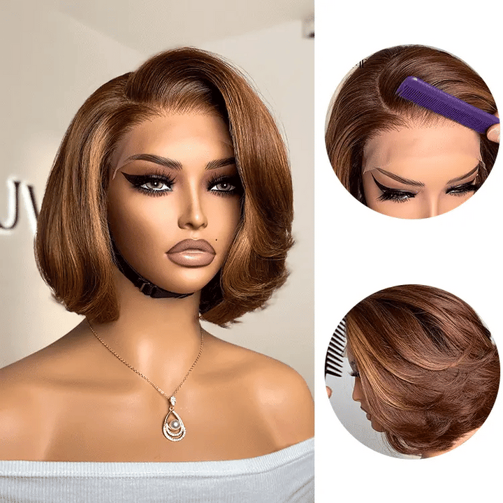 Toffee Brown Mix Blonde Layered Cut Glueless 4x4 Closure Lace Bob Wig TianaHair