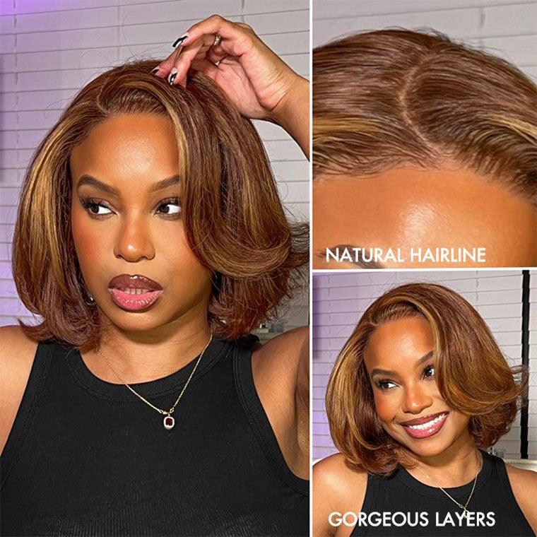 Toffee Brown Mix Blonde Layered Cut Glueless Tiny Knots 6x4 Lace Bob Wig TianaHair
