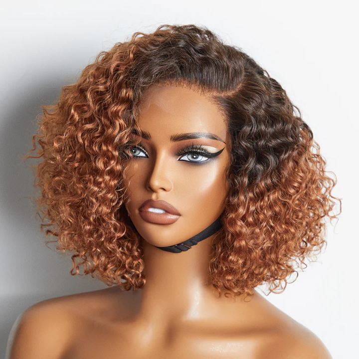 Trendy Mix Brown Short Cut Curly 6X4 Lace Glueless Side Part Curly Bob Wig TianaHair