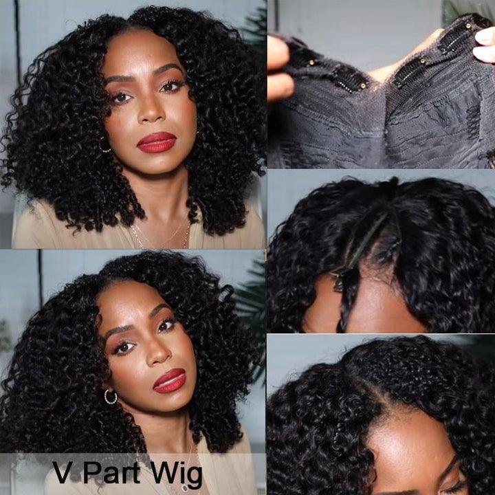 V Part Kinky Curly Glueless Wigs Pre-plucked 100% Human Hair TianaHair
