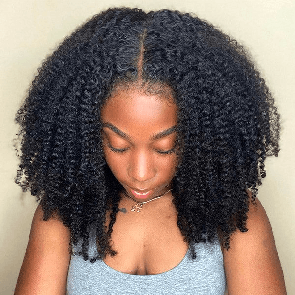 V Part Natural Black Afro Curly Glueless Wigs 180% Density 100% Human Hair TianaHair