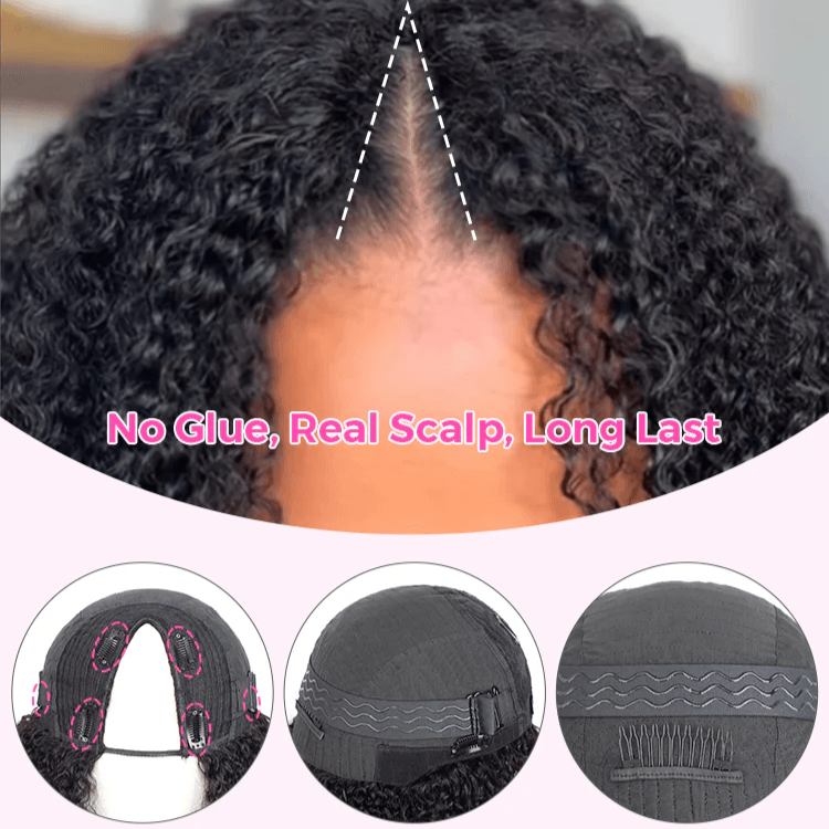 V Part Natural Black Afro Curly Glueless Wigs 180% Density 100% Human Hair TianaHair