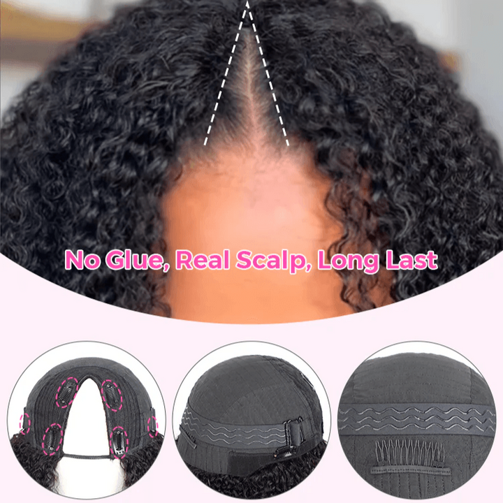 V Part Natural Black Afro Curly Glueless Wigs 180% Density 100% Human Hair TianaHair