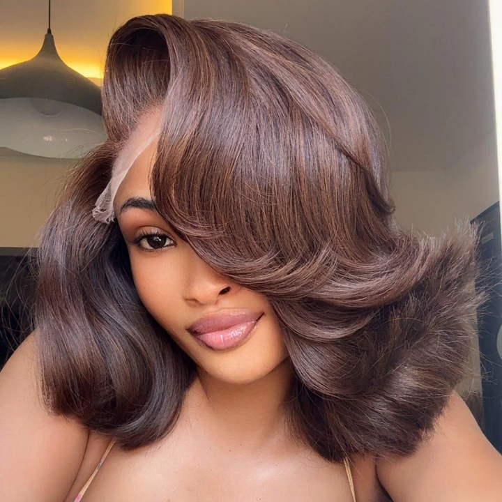 4x4 Lace Dark Brown Layered Cut Body Wave Bob Wig 100% Human Hair