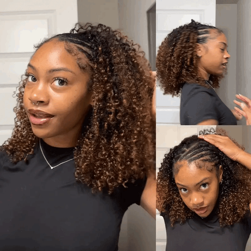 3 IN 1 HALF WIG Ombre Brown Layered Curly Pre-Styled Kinky Coily Half Wig Flip Over Draw-strings Wig