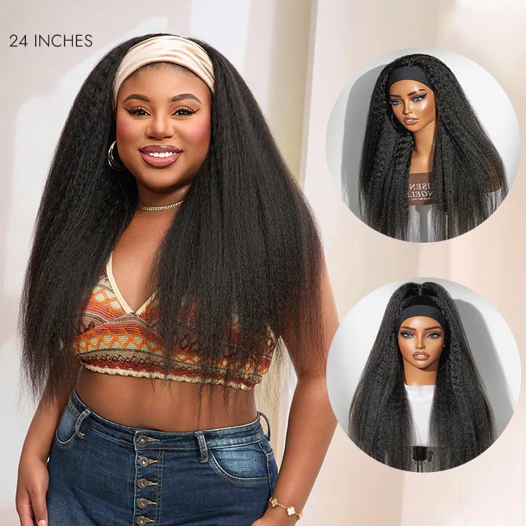 Anfängerfreundliche, wassergewellte, kleberlose Perücke mit langem Stirnband, 100 % Echthaar