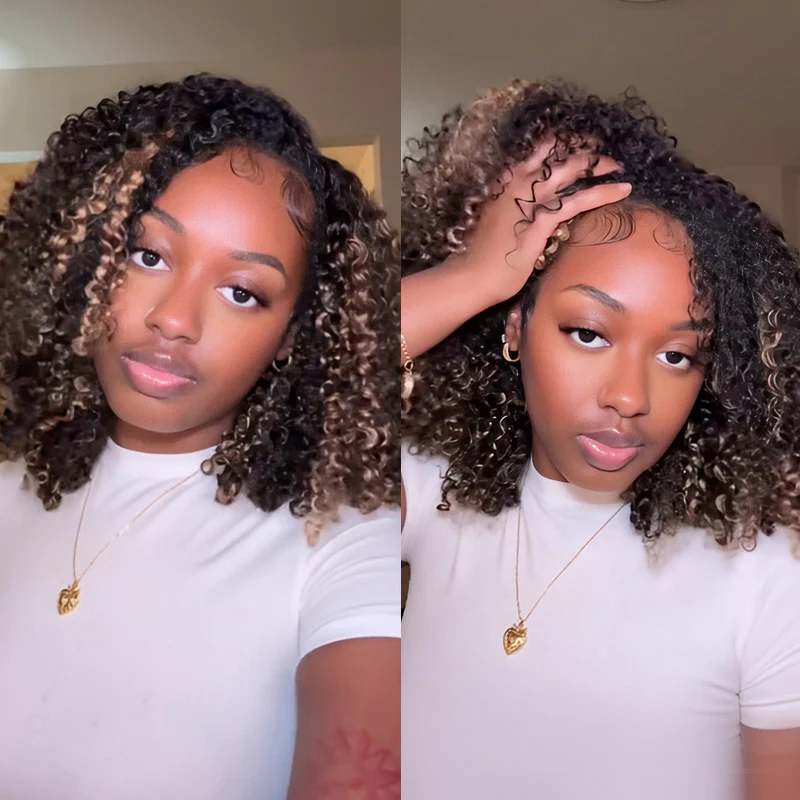 3 IN 1 HALF WIG Highlight Brown Kinky Curly Half Wig Draw-strings Flip Over Wig