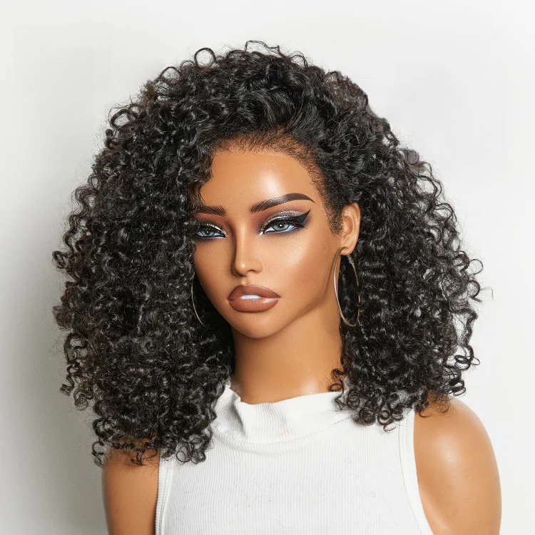 4x4 Lace 4C Kinky Edges Jet Black Burmese Curly Glueless Wig 100% Human Hair