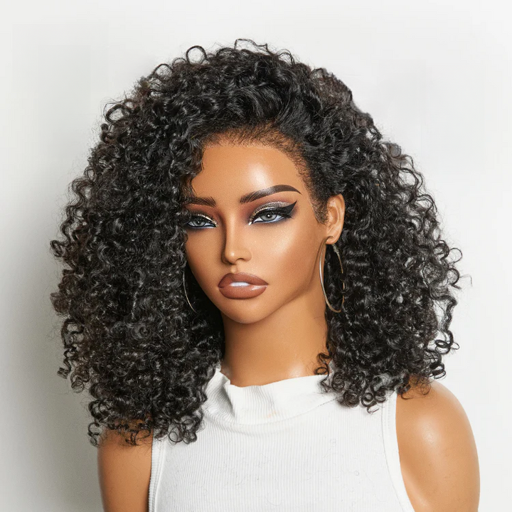 4x4 Lace 4C Kinky Edges Jet Black Burmese Curly Glueless Wig 100% Human Hair