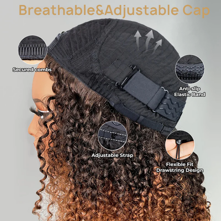 3 IN 1 HALF WIG Ombre Brown Layered Curly Pre-Styled Kinky Coily Half Wig Flip Over Draw-strings Wig