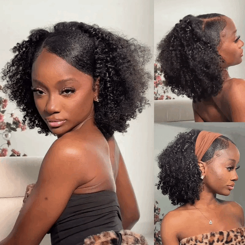 3 IN 1 HALF WIG Layer Cut Kinky Curly Half Wig Draw-strings Flip Over Wig