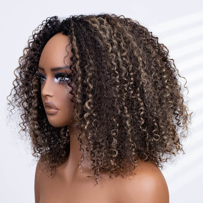 3 IN 1 HALF WIG Highlight Brown Kinky Curly Half Wig Draw-strings Flip Over Wig