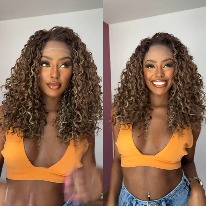 4x4/7x5 Lace Brown With Blonde Highlight Kinky Curly Pre-Everything Wear Go Glueless Wig