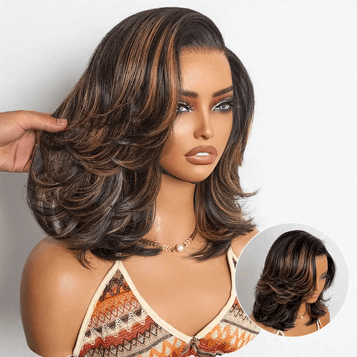 4x4 Lace Brown Highlight Layered Haircut Wavy Glueless Wig 100% Human Hair