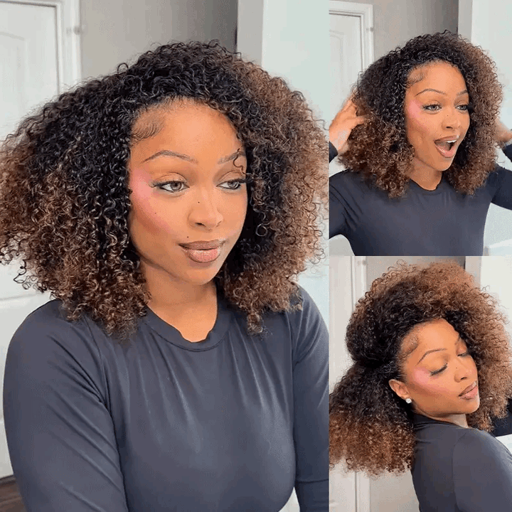 3 IN 1 HALF WIG Ombre Brown Layered Curly Pre-Styled Kinky Coily Half Wig Flip Over Draw-strings Wig