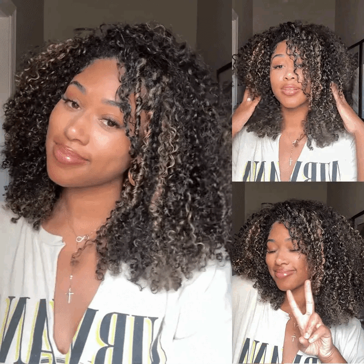 3 IN 1 HALF WIG Highlight Brown Kinky Curly Half Wig Draw-strings Flip Over Wig