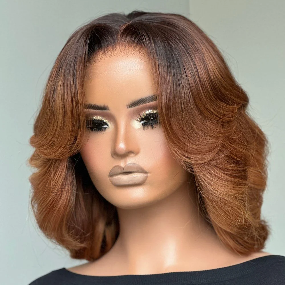 4x4 Lace Luxurious Layered Wavy Short Ombre Light Brown Glueless Wig