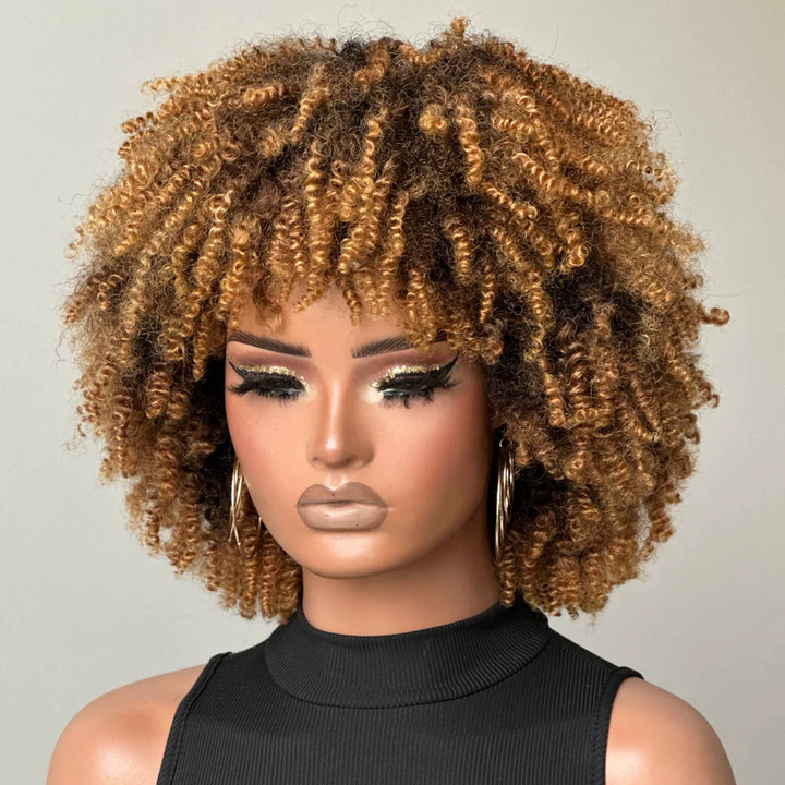 No Lace Put on & Go Honey Blonde Highlights Afro Kinky Coily Glueless Bob Wig With Bangs