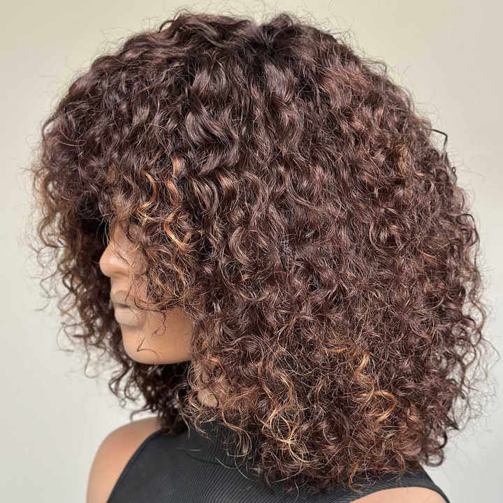 No Lace Put on & Go Brown Highlight Curly Bob Wig With Bangs