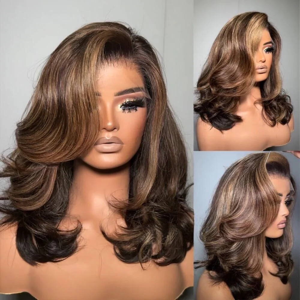 4x4/7x5 Lace Blonde Highlight With Dark Brown Layered Wavy Glueless Wig